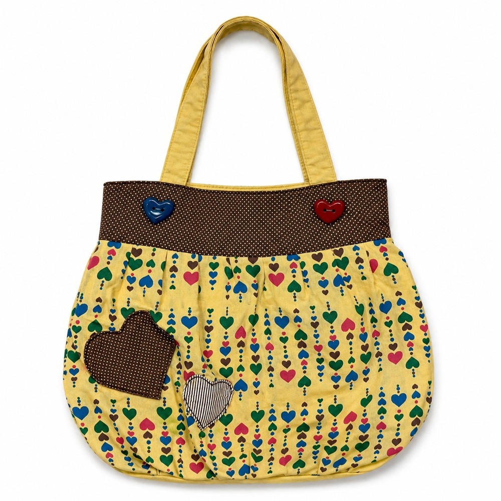 Y2K vtg Yellow Canvas Heart Print Tote Bag Polka Dot Kitsch Whimsical Maximalist